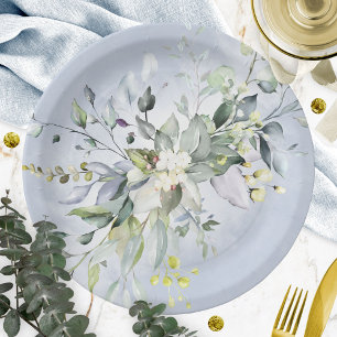 Plato De Papel Ducha de Novia Acuarela Azul Polvoriento con Verdo