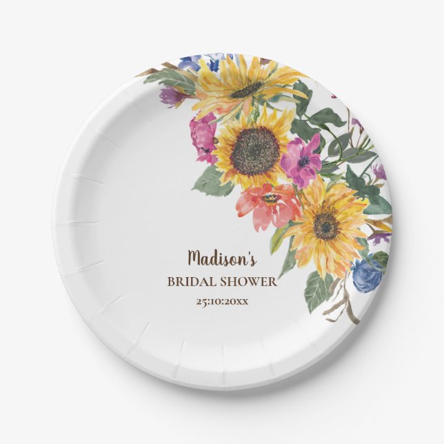Plato De Papel Ducha de Novia Acuarela Girasol Rústico (Anverso)