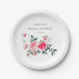 Plato De Papel Ducha de Novia Acuarela Rosas Rojas Rosadas Vintag
