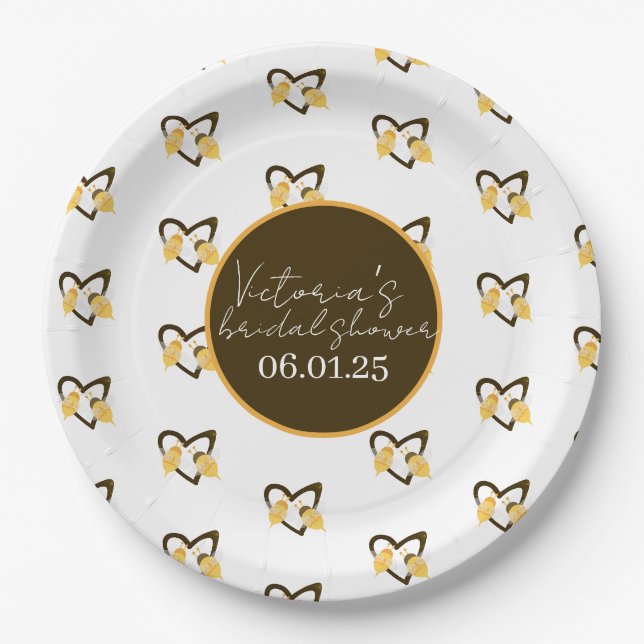 Plato De Papel Ducha de Novia Amarillo Marrón Abeja y Corazón (Anverso)