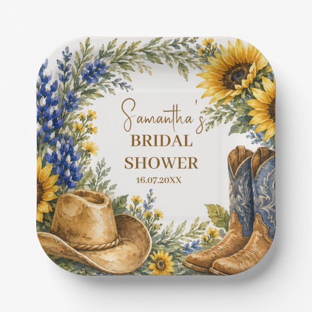 Plato De Papel Ducha de novia boho girasol Bluebonnet Texas (Anverso)