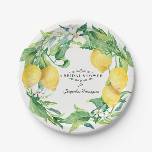 Plato De Papel Ducha de novia Citrus Lemon Floral Leaf Wreath Art (Anverso)