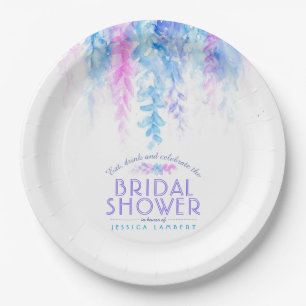 Plato De Papel Ducha de novia color de agua vid azul floral morad