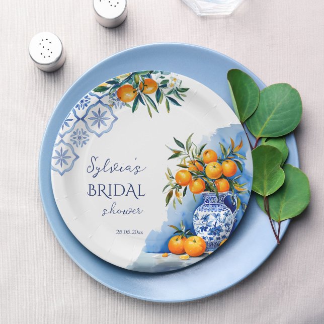 Plato De Papel Ducha de novia con cítricos de la chinoiserie azul (Talavera blue chinoiserie orange citrus Mexican Hacienda summer Spanish bridal shower paper plates)