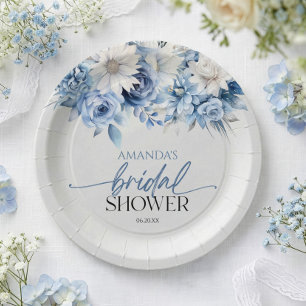 Plato De Papel Ducha de Novia con Flores Azules Polvorientas
