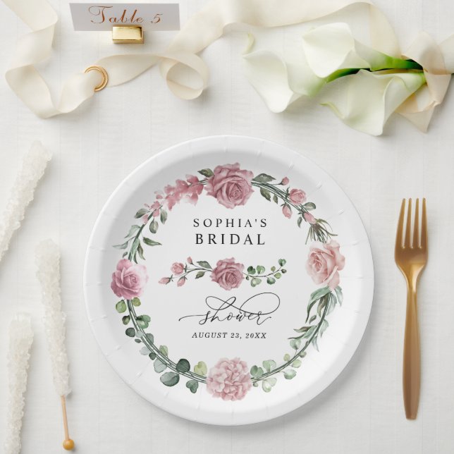 Plato De Papel Ducha de Novia con Flores Rosadas Polvorientas (Boda)