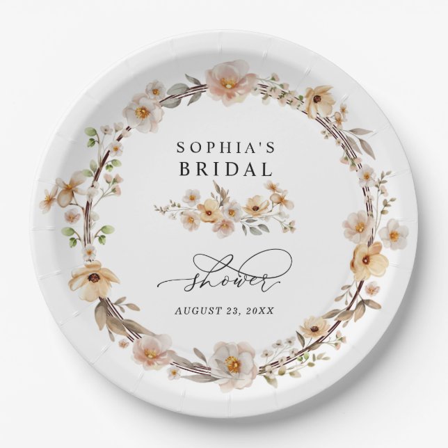 Plato De Papel Ducha de Novia con Flores Silvestres Beige (Anverso)