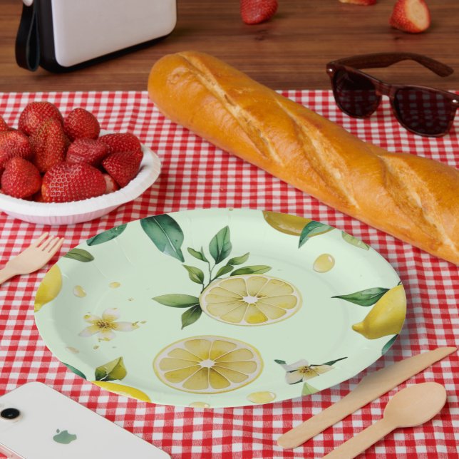 Plato De Papel ducha de novia con guión floral amarillo limón mod (Picnic)