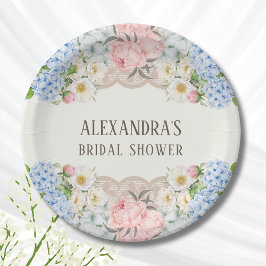 Plato De Papel Ducha de Novia con Hortensia Azul y Peonía Marfil 