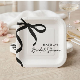 Plato De Papel Ducha de Novia con Lazo Negro Ella se Casa