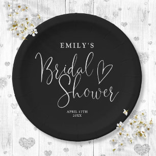 Plato De Papel Ducha de Novia con Letra Caligráfica en Blanco y N