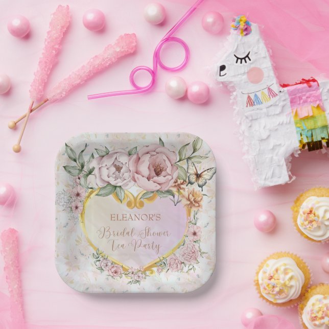 Plato De Papel Ducha de Novia con Ramo de Peonía (Fiesta)