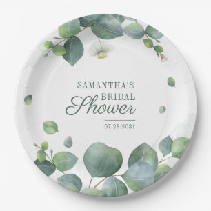 Plato De Papel Ducha de Novia con Verde Eucalipto Acuarela