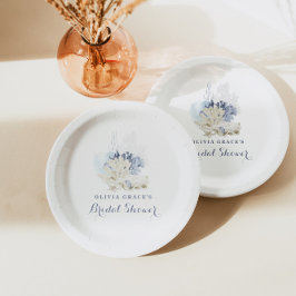 Plato De Papel ducha de novia concha azul de playa costera