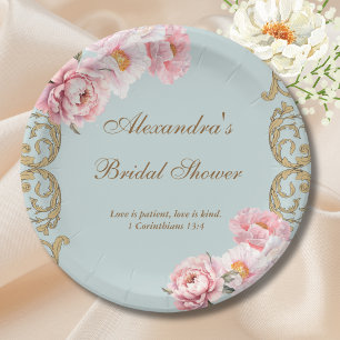 Plato De Papel Ducha de Novia Cristiana con Flor de Peonía Floral