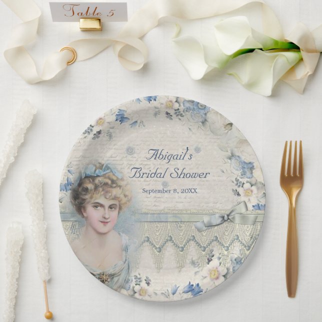 Plato De Papel Ducha de Novia Dama Victoriana Antigua Flores Azul (Boda)