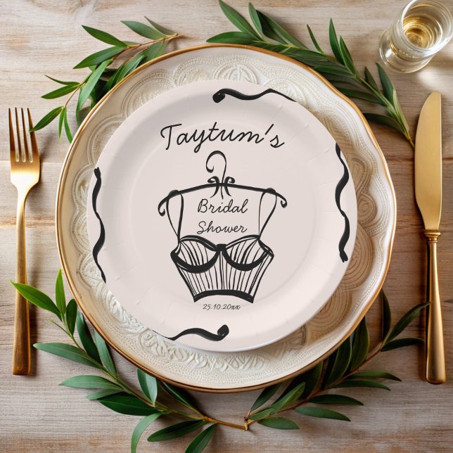 Plato De Papel Ducha de novia de lencería esquema de borde ondula (Lingerie bridal shower wavy border hand drawn sketch personalized monogrammed paper plates)