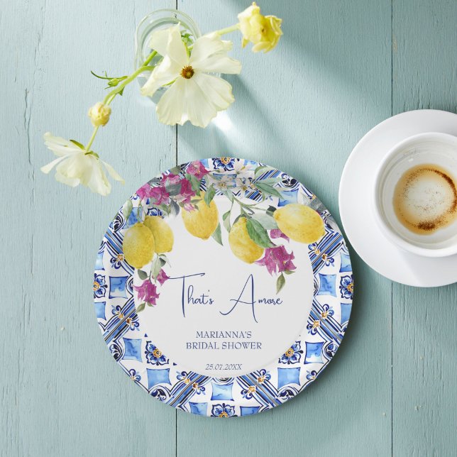 Plato De Papel Ducha de novia de limones italianos buganvillea ci (That's amore Italian lemons bougainvillea citrus bridal shower paper plates personalized decor)