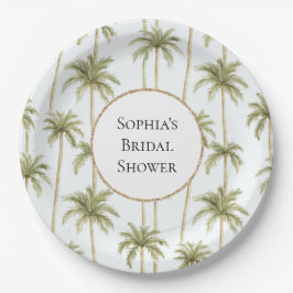 Plato De Papel Ducha de novia de palmeras blancas verdes tropical