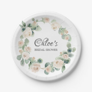 Plato De Papel Ducha de novia de rosa blanca eucalipto