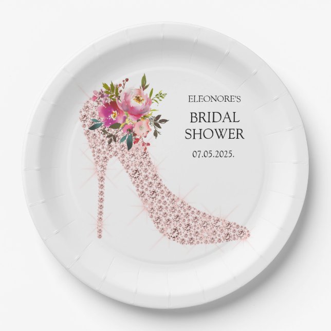 Plato De Papel Ducha de novia de tacones altos rosados (Anverso)