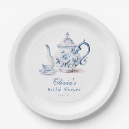 Plato De Papel Ducha de Novia de Té Floral Azul