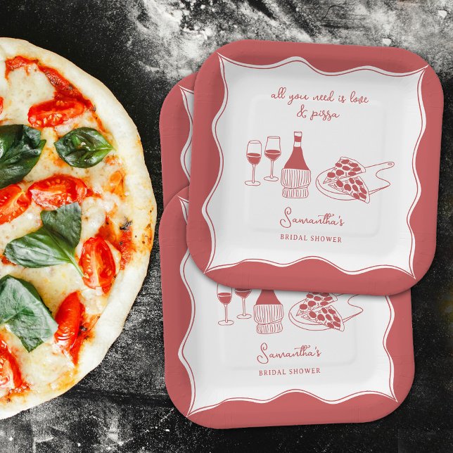 Plato De Papel Ducha de Novia de Vino de Pizza Italiana Dibujada  (Red Hand Drawn Italian Pizza Wine Bridal Shower Paper Plates)