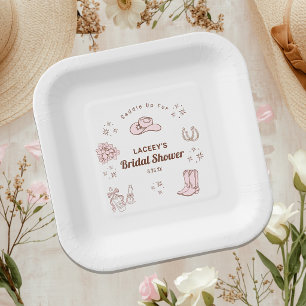 Plato De Papel Ducha de Novia Dibujada a Mano de Vaquera del Oest