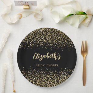 Plato De Papel Ducha de Novia Estampado Leopardo Oro Negro Brilla