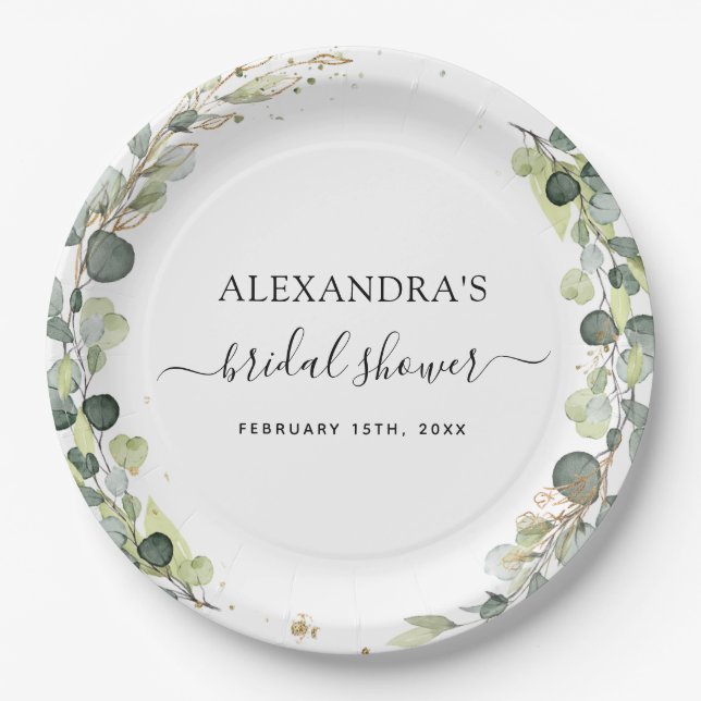 Plato De Papel Ducha de Novia Eucalipto Verde Boho Jardín (Anverso)