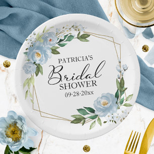 Plato De Papel Ducha de Novia Floral Azul Polvoriento Geométrico