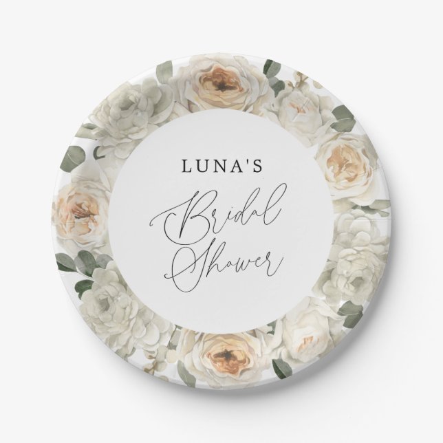 Plato De Papel Ducha de novia floral blanca (Anverso)