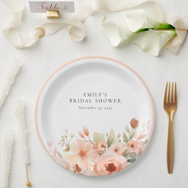 Plato De Papel Ducha de Novia Floral Boho Melocotón (Boda)