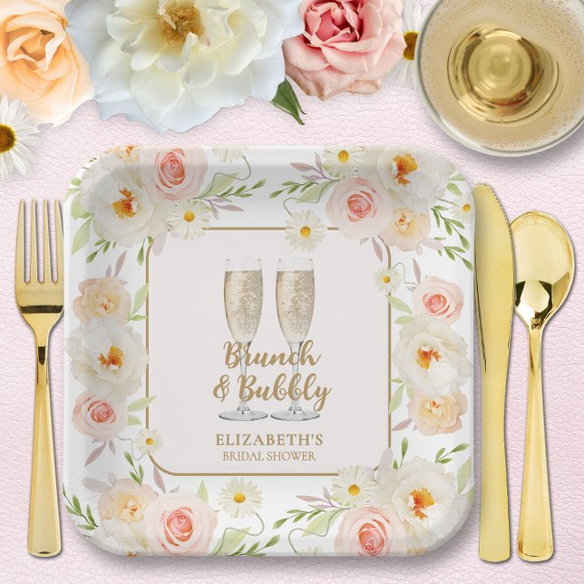 Plato De Papel Ducha de novia floral Brunch & Bubbly Garden (Brunch & Bubbly garden floral bridal shower square paper plates - 2 sizes available)