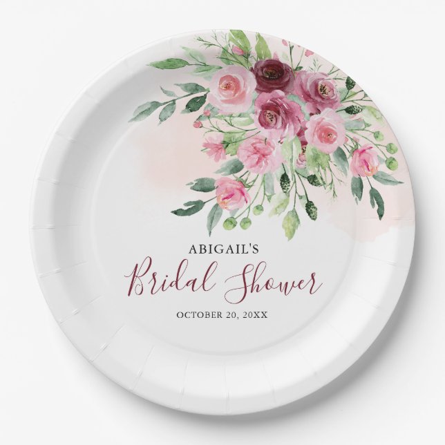 Plato De Papel Ducha de novia floral de Borgoña (Anverso)