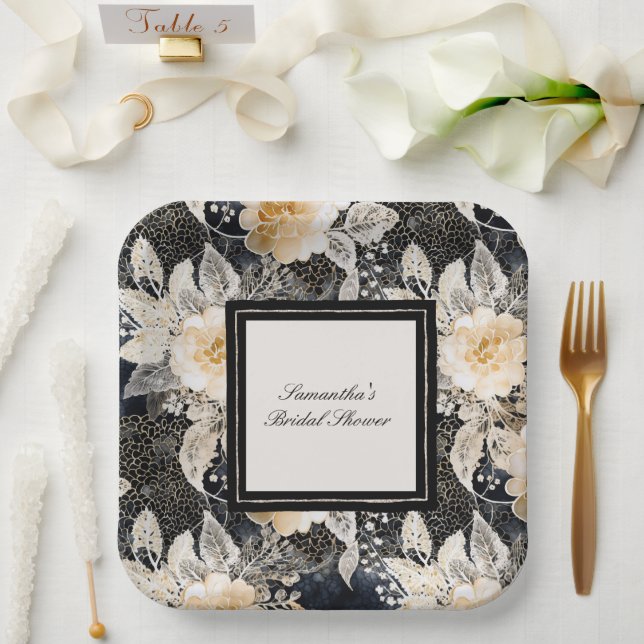 Plato De Papel Ducha de novia floral de leopardo negro crema (Boda)