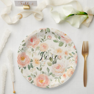 Plato De Papel Ducha de Novia Floral de Melocotón Crema Bonita