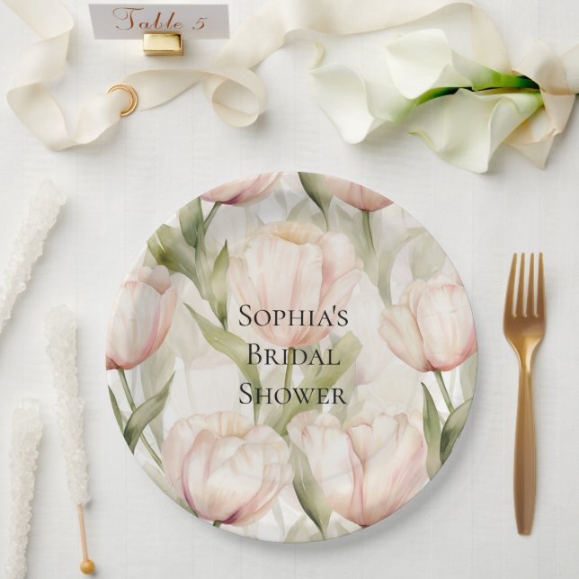 Plato De Papel Ducha de novia floral de tulipanes rosados Rubor (Boda)
