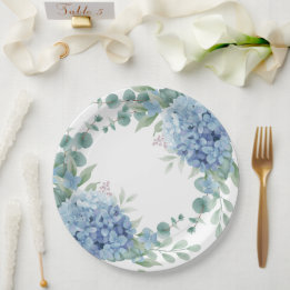 Plato De Papel Ducha de Novia Floral Hortensia Azul