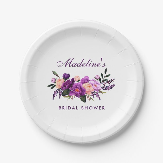 Plato De Papel Ducha de novia floral morada ultravioleta (Anverso)