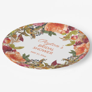 Plato De Papel Ducha de Novia Floral Naranja Borgoña Oxidada