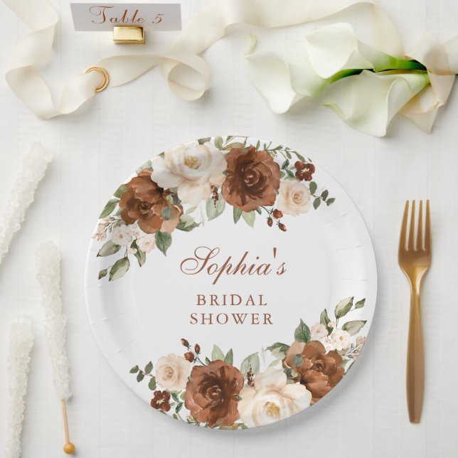 Plato De Papel Ducha de Novia Floral Oro Verde Melocotón Oxidado (Boda)