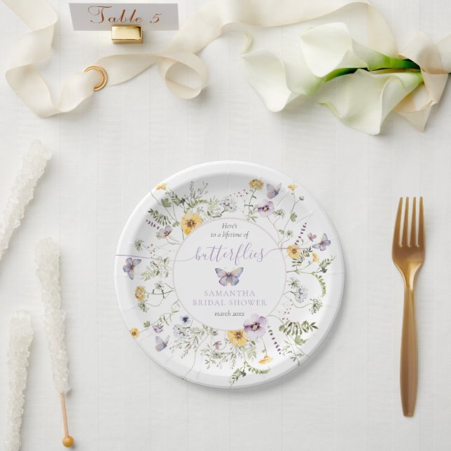 Plato De Papel Ducha de Novia Floral Púrpura Mariposa de por Vida (Boda)