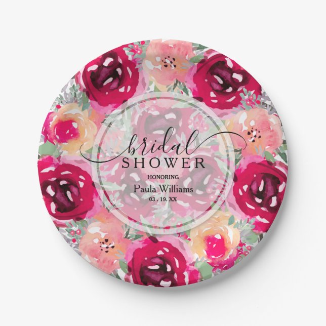 Plato De Papel Ducha de novia floral rosa (Anverso)