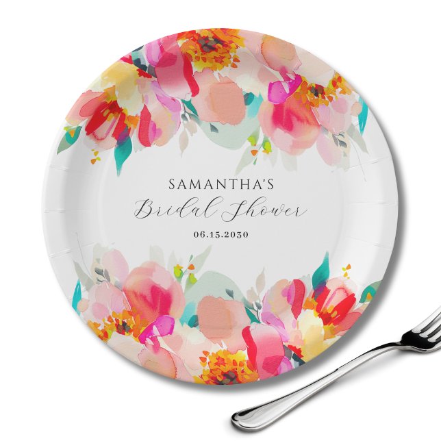 Plato De Papel Ducha de Novia Floral Rosa Moderna en Acuarela (Subido por el creador)