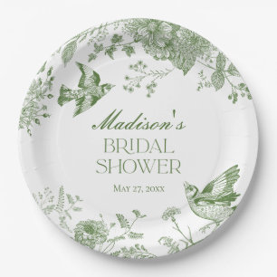 Plato De Papel Ducha de Novia Floral Vintage Toile De Jouy Verde