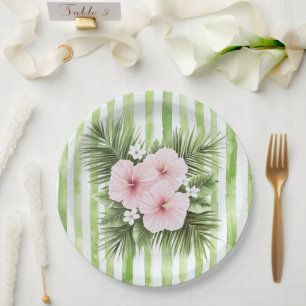 Plato De Papel Ducha de Novia Flores de Hibisco Rosa Rayas Verdes