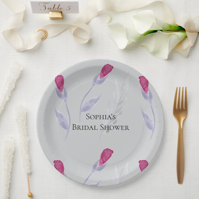 Plato De Papel Ducha de Novia Flores Rosa Gris (Boda)
