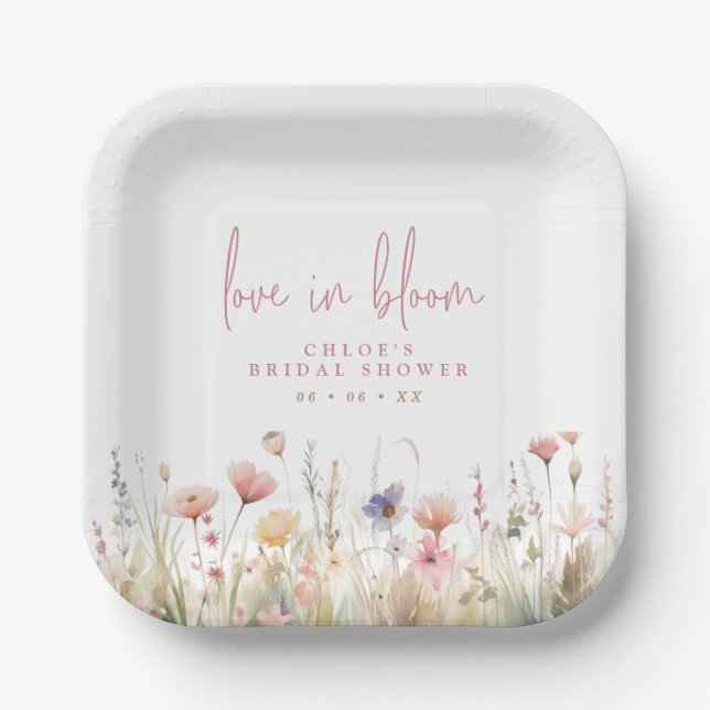 Plato De Papel Ducha de Novia Flores Silvestres Rosadas en Flor (Anverso)