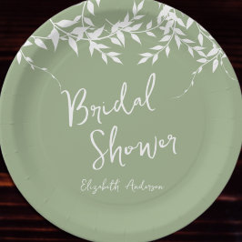 Plato De Papel Ducha de Novia Hojas Botánicas Verde Salvia